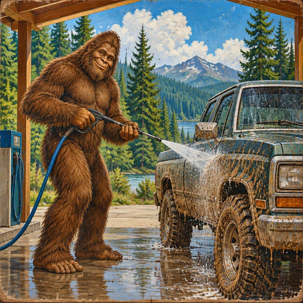 Painted illustration of Bigfoot pressure-washing a muddy pickup truck